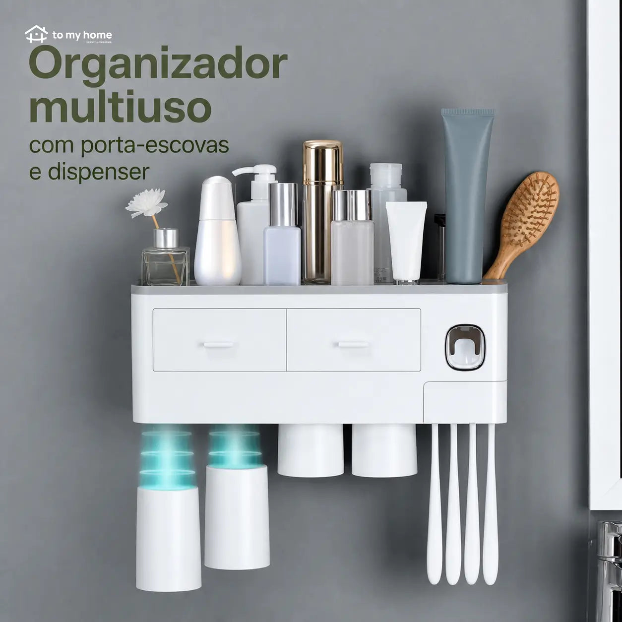 Organizador de escovas de parede com dispenser duplo de pasta, copos magnéticos e bandeja multiuso para banheiro familiar mais organizado prático
