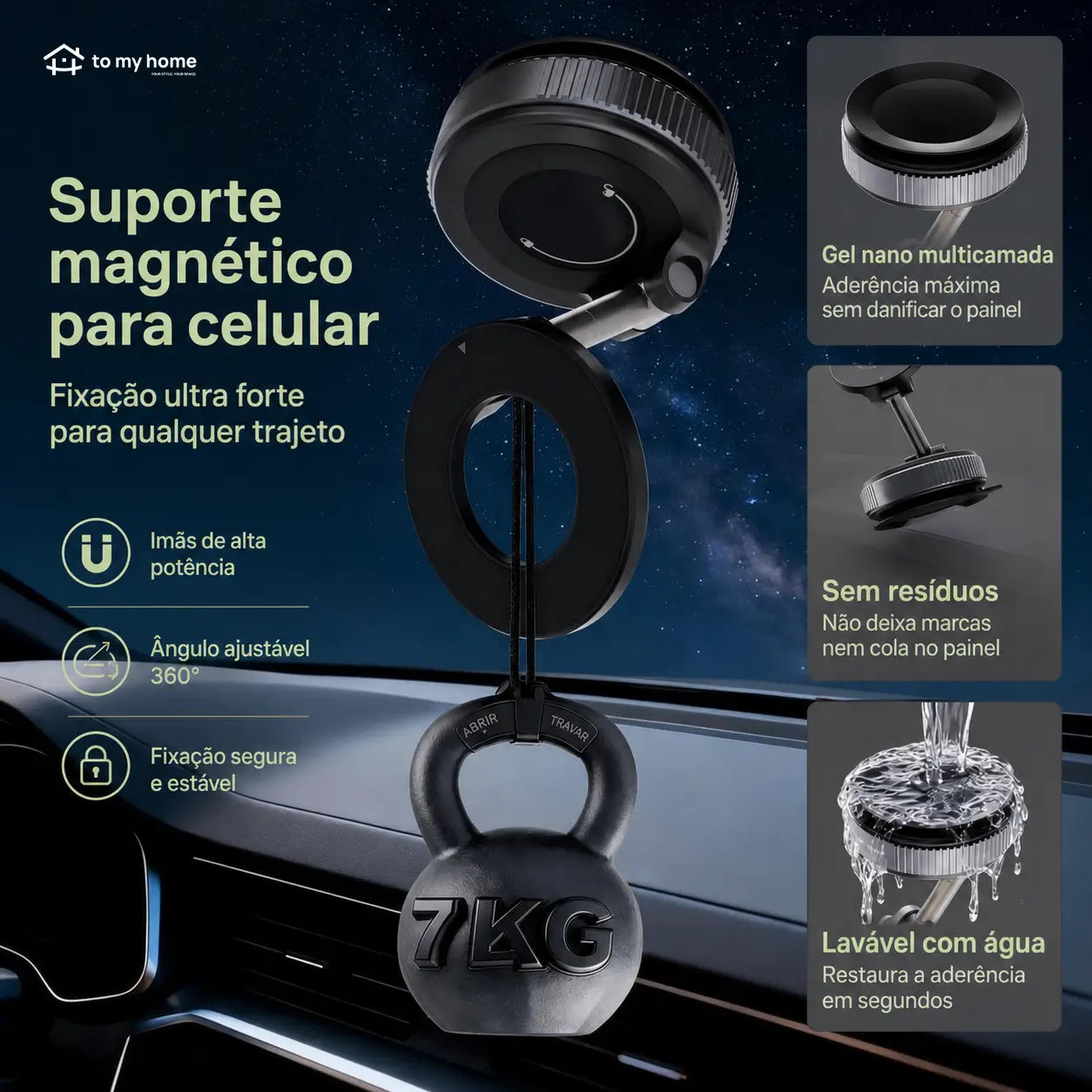 Suporte magnético para celular com ventosa a vácuo, rotação 360° e uso dobrável no carro, espelho ou academia