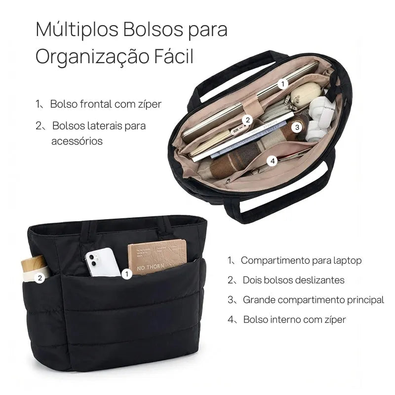 Bolsa Tote Puffy Acolchoada Feminina para Notebook, Trabalho e Viagem, Leve, Espaçosa, Resistente e com Múltiplos Compartimentos