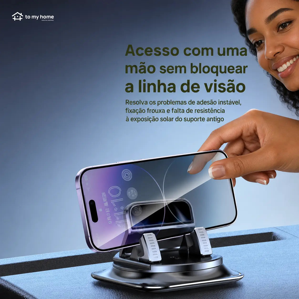 Suporte veicular para celular com rotação 360° e ventosa estável para navegação no painel, uso com uma mão em iPhone e Android