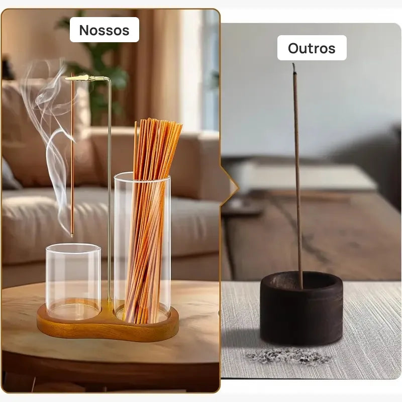 Porta incenso e vela 2 em 1 com base madeira, coletor cinzas vidro, difusor aromático decorativo elegante funcional para casa moderna aconchegante