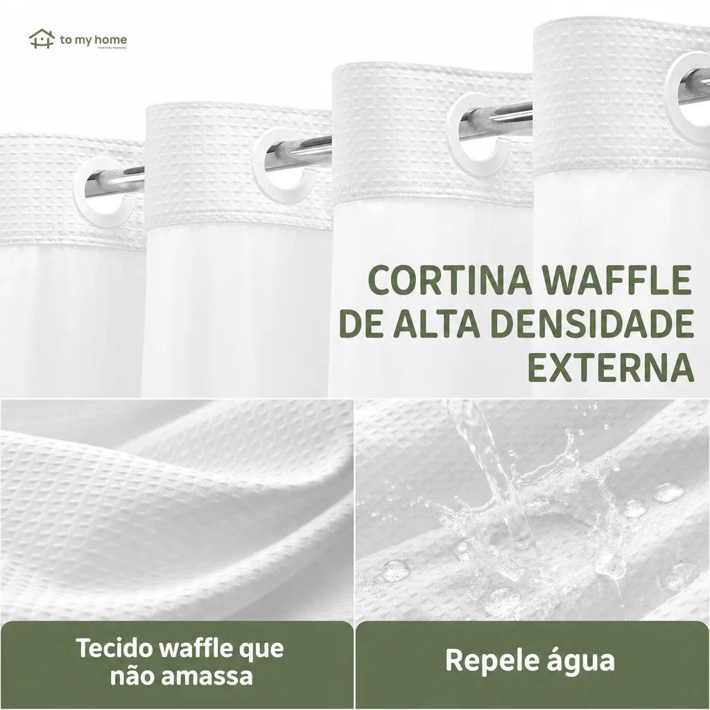 Cortina de banheiro sem ganchos com textura waffle, forro removível impermeável e janela telada para box moderno