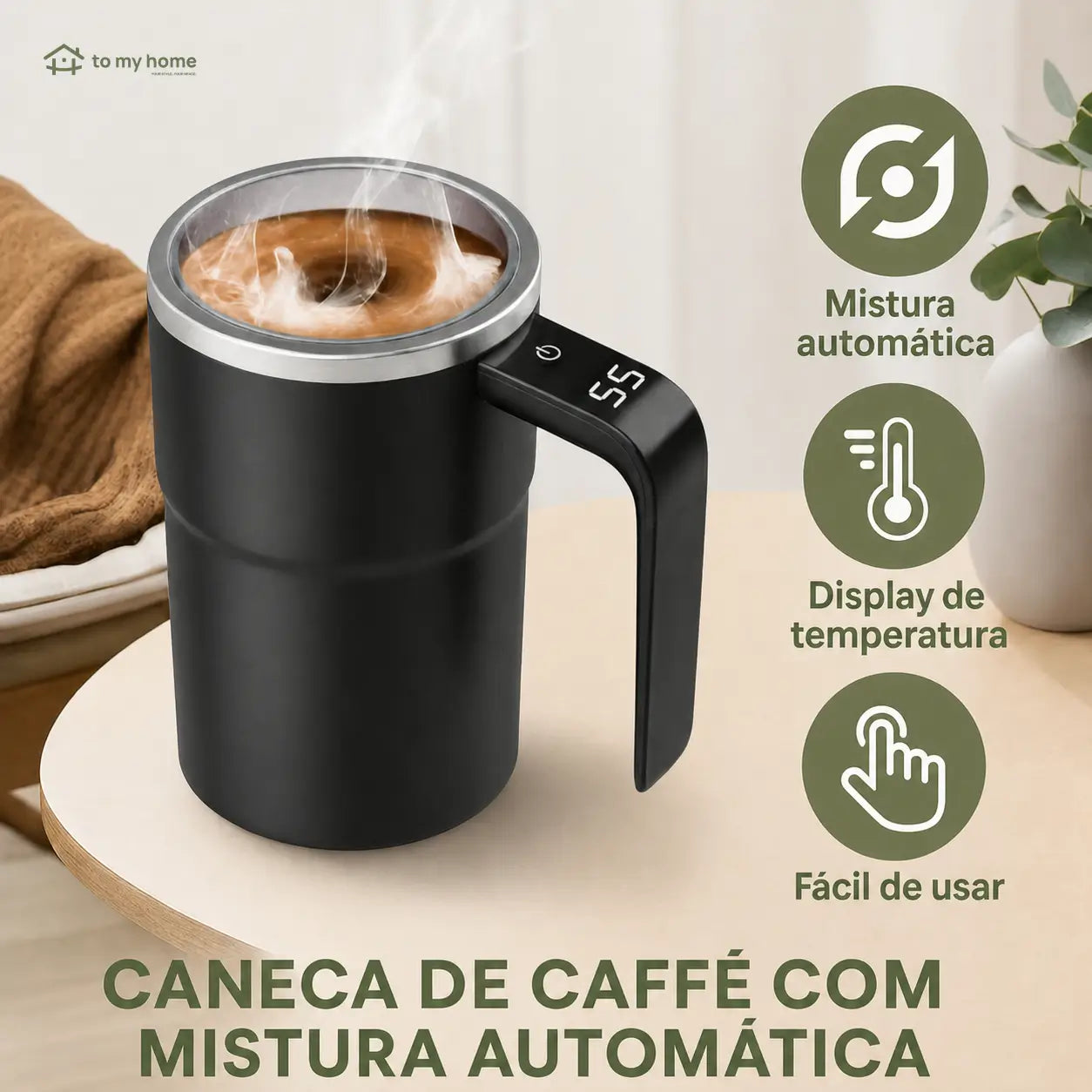 Caneca automática para café com mistura magnética, termômetro LCD e bateria recarregável para bebidas quentes ou frias em casa, escritório ou viagem