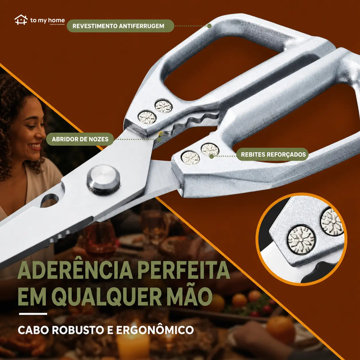 Tesoura de cozinha multiuso em aço inox SK5, desmontável e ergonômica para carnes, aves, peixes e legumes no preparo diário pesado