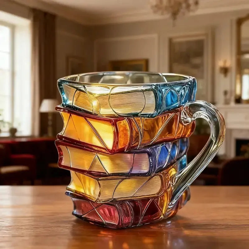 Caneca cerâmica 3D com livros empilhados, design criativo artístico, acabamento delicado, presente leitores decoração funcional ideal casa escritório amantes leitura