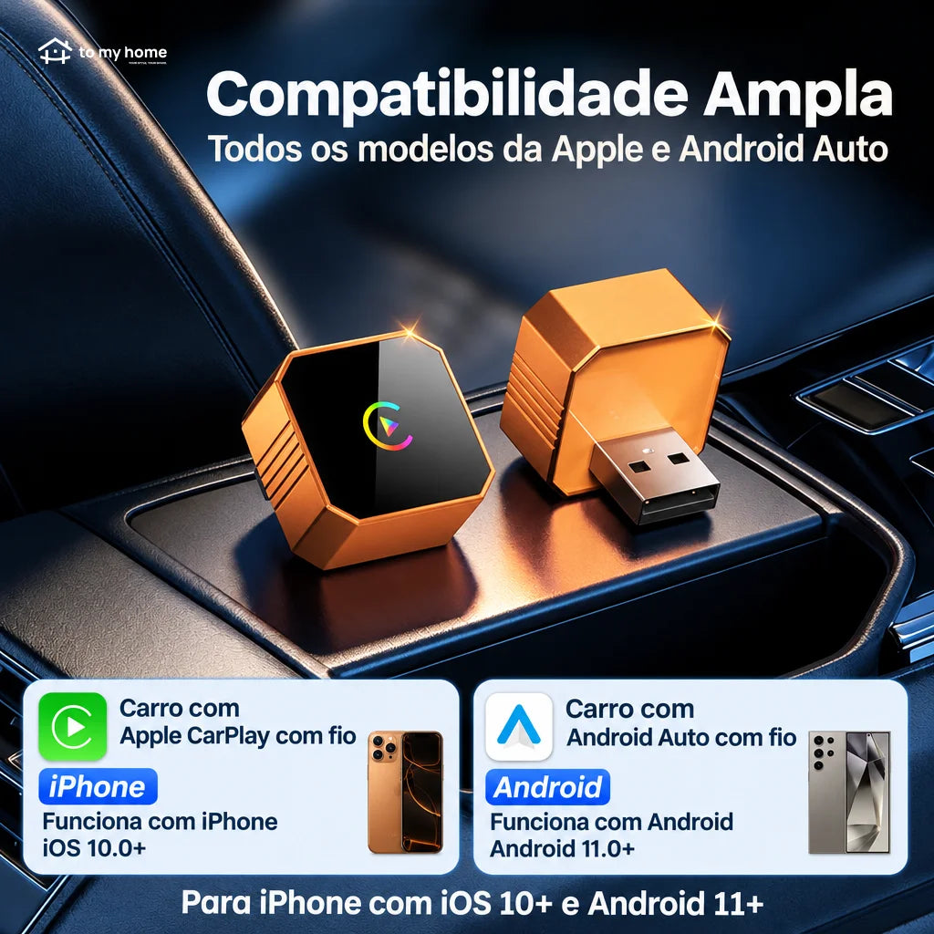 Adaptador CarPlay e Android Auto sem fio com 2 cabos