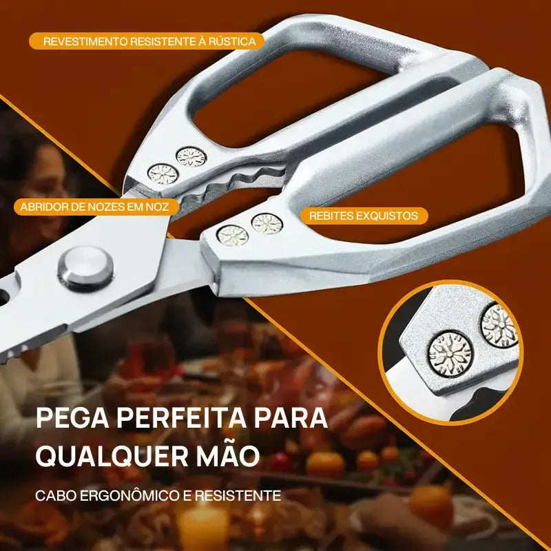 Tesoura de cozinha profissional em aço inoxidável, para carnes aves ossos, cortes precisos, uso culinário multifuncional doméstico ou profissional diário