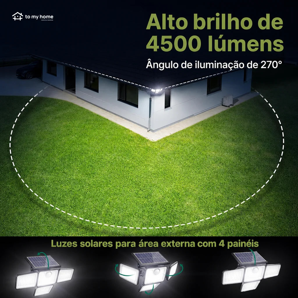 Luminária solar de parede 4500LM com sensor de movimento, controle remoto e 4 cabeças para quintal, jardim e áreas externas seguras