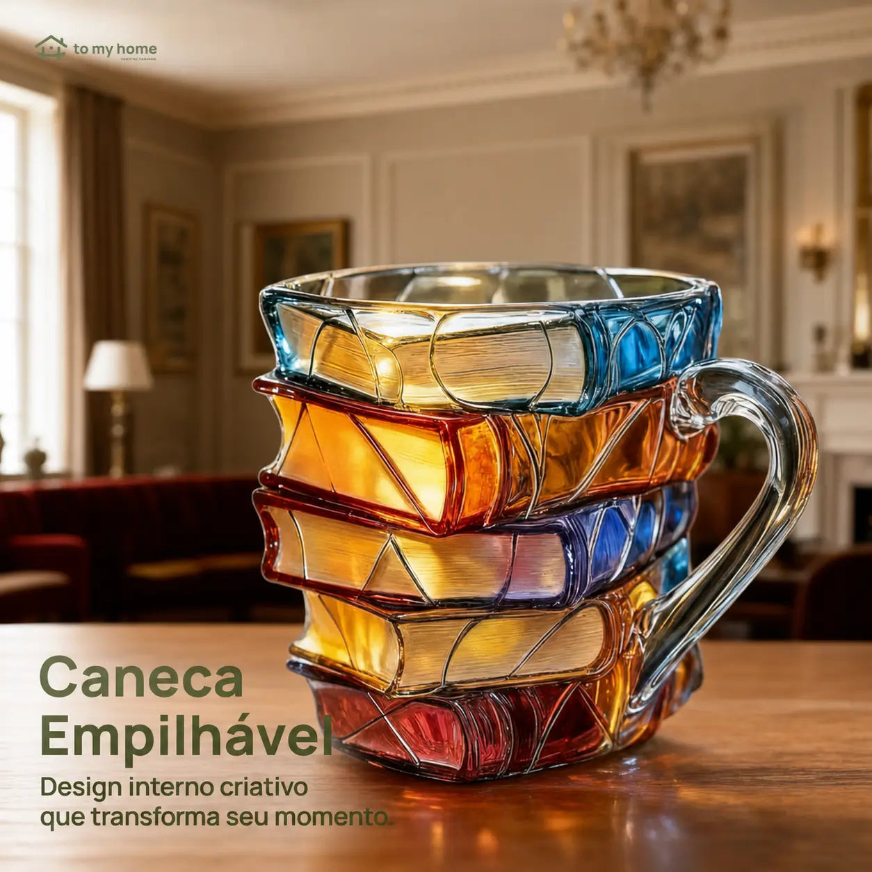 Caneca de cerâmica em formato de livros empilhados com arte 3D colorida para café, leitura e presente criativo para amantes de literatura