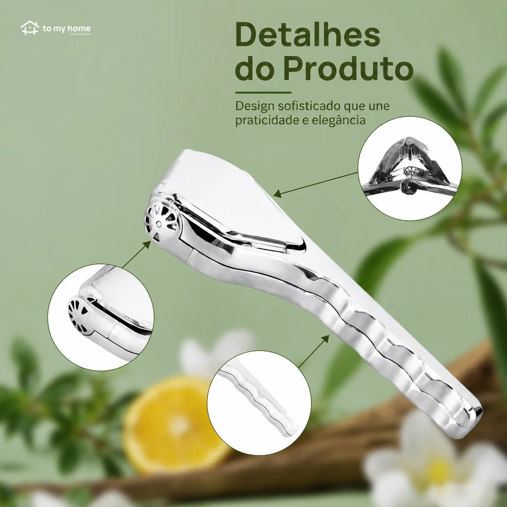 Espremedor manual de limão em aço inox com bico direcionador e pegada ergonômica para sucos, drinks e temperos na cozinha diária