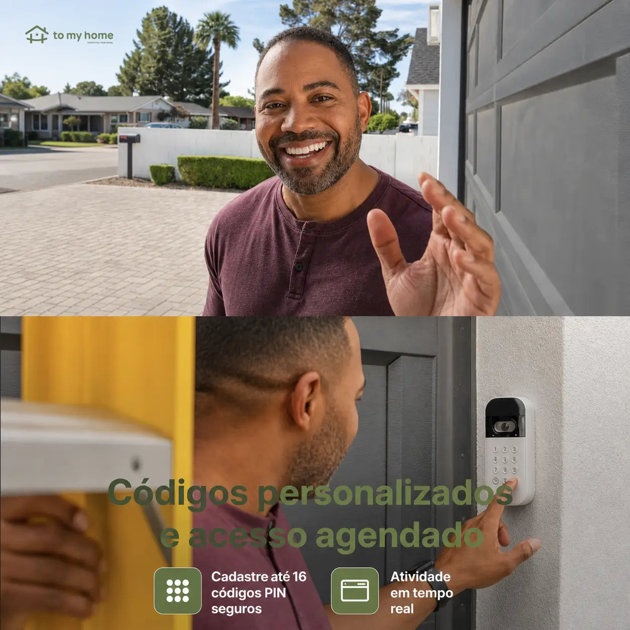 Teclado inteligente para portão de garagem com câmera grande-angular, PINs personalizados e controle remoto pelo app para acesso seguro no dia a dia
