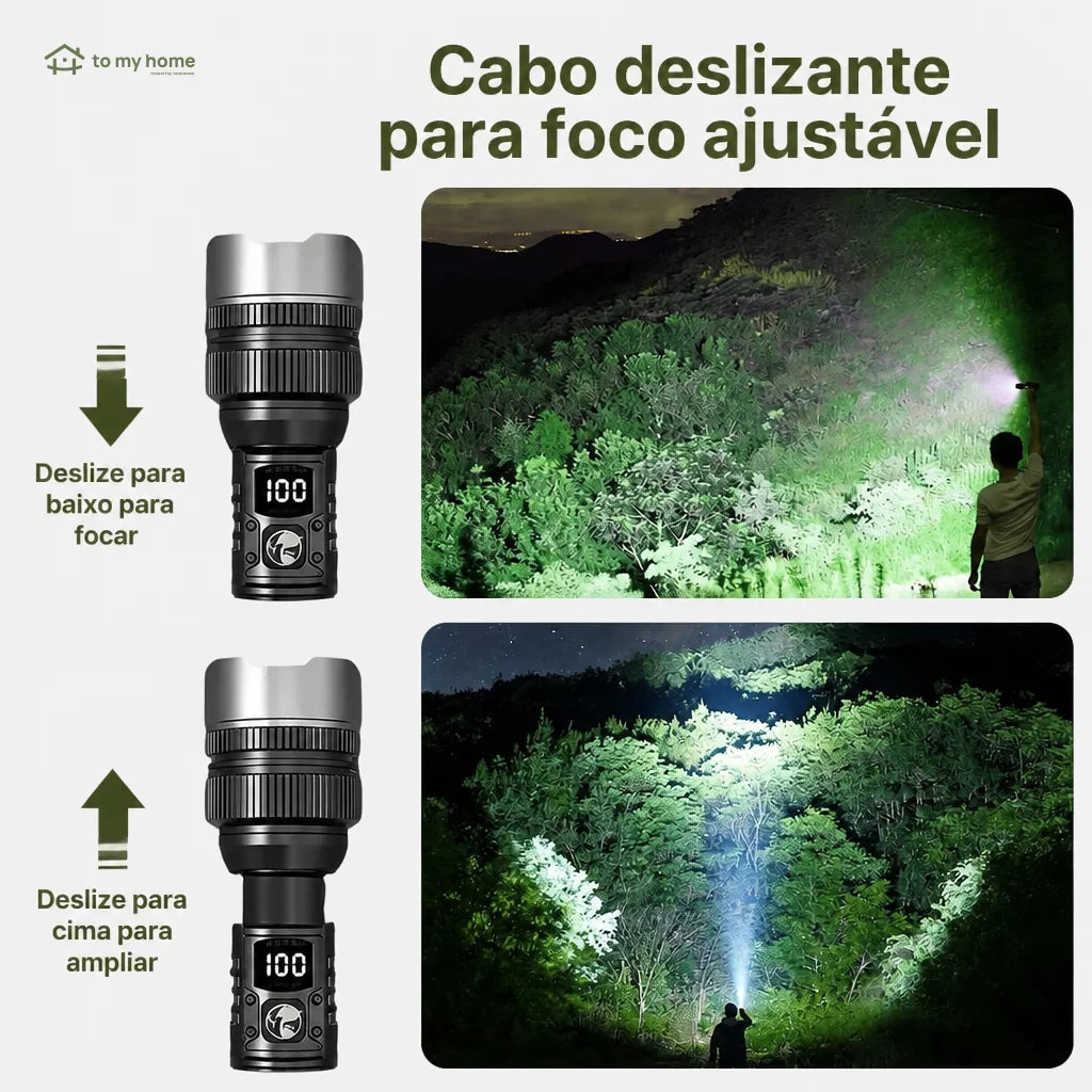 Lanterna LED recarregável 2200 lúmens com power bank, zoom ajustável, visor digital e resistência à água para camping, apagões e emergências