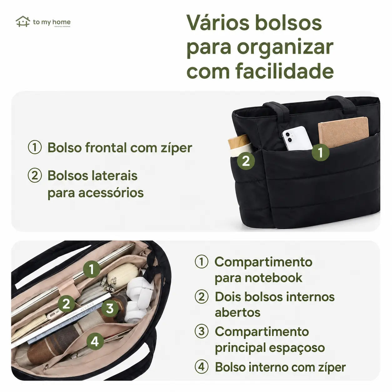 Bolsa tote puffer com porta-notebook e múltiplos compartimentos, ideal para rotina urbana, estudos, academia e viagens com conforto leve e prático