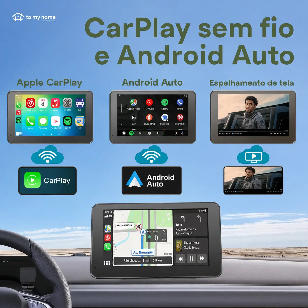 Monitor CarPlay veicular de 7 polegadas com espelhamento, áudio Bluetooth e câmera noturna para Android e iPhone para uso diário no carro
