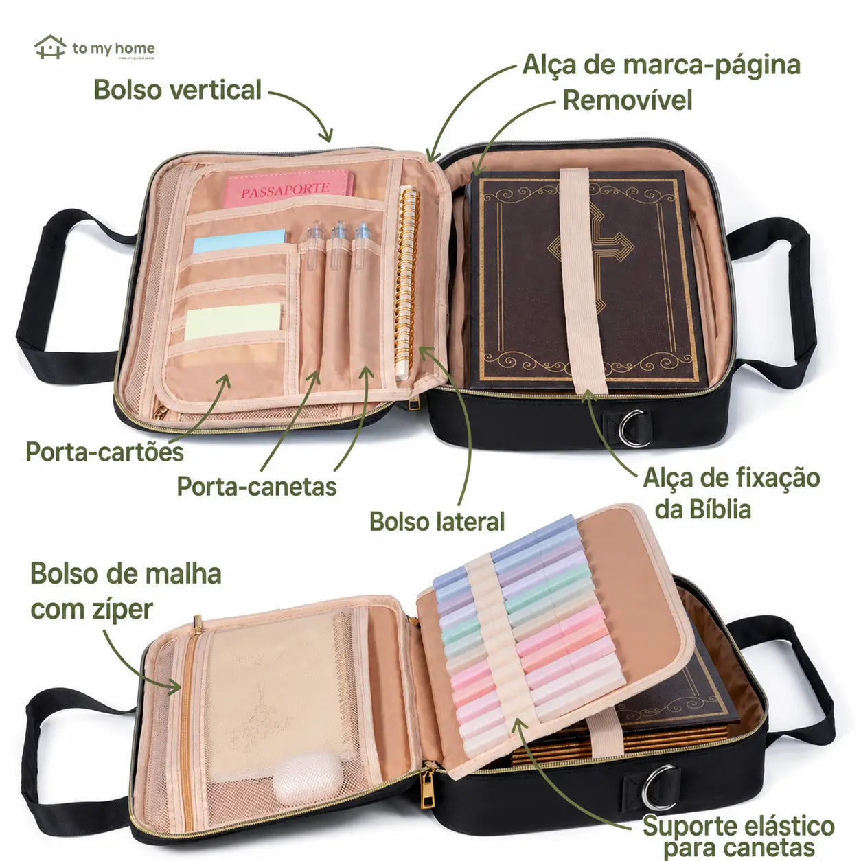 Capa bolsa para Bíblia com alça ajustável, bolsos organizadores e kit marca-textos para estudo, igreja e journaling cristão no dia a dia