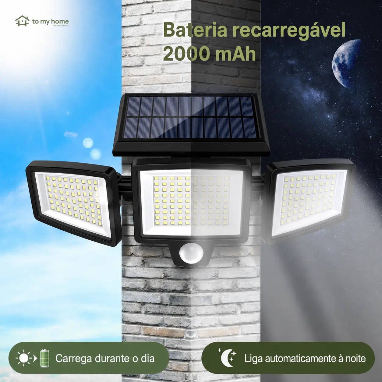 Refletor solar externo 2500LM com 3 cabeças, sensor de movimento e controle remoto para iluminação de segurança no quintal e garagem