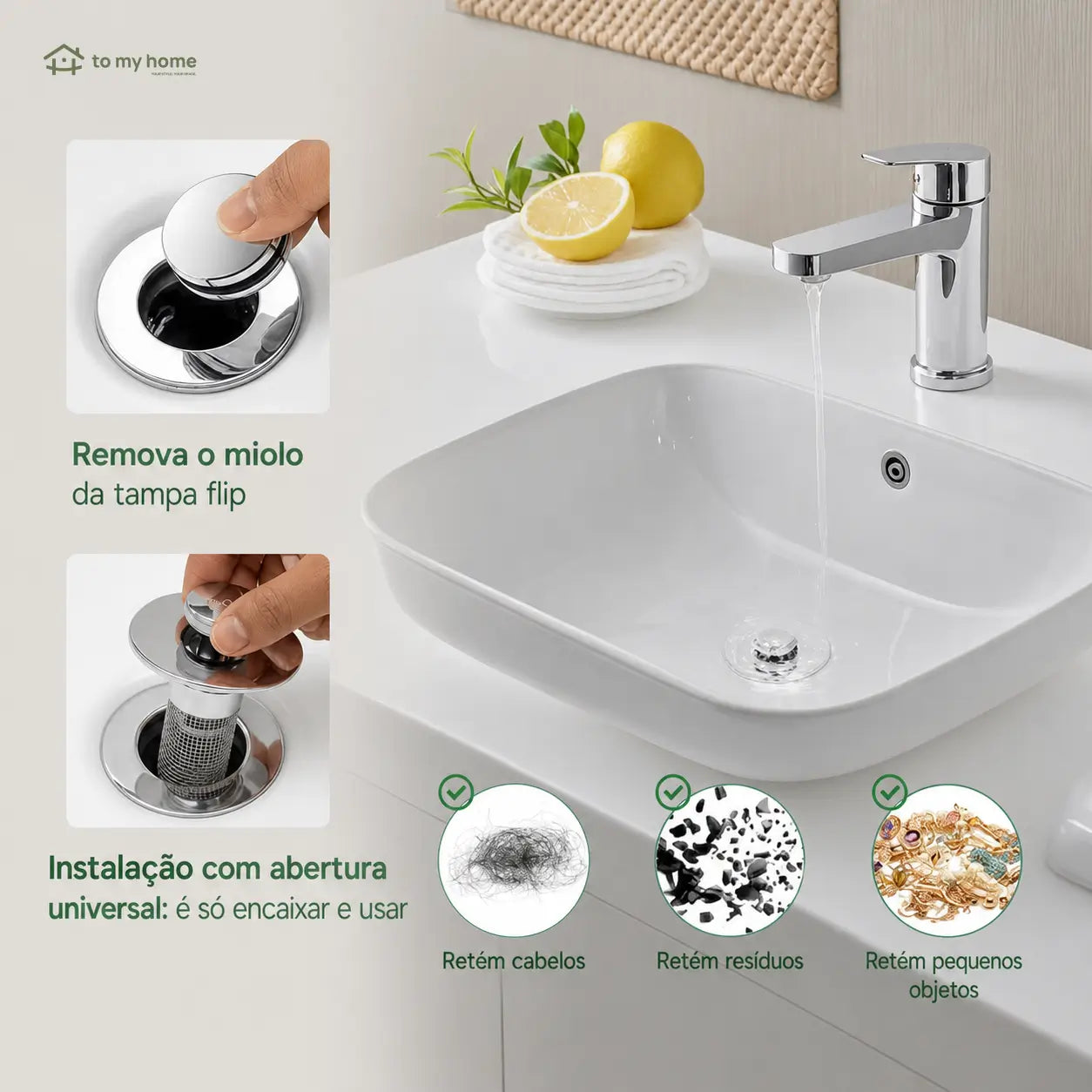 Válvula pop-up para pia de banheiro 2 em 1 com cesto anti-entupimento para ralos padrão de 2,8 a 3,7 cm e vedação prática