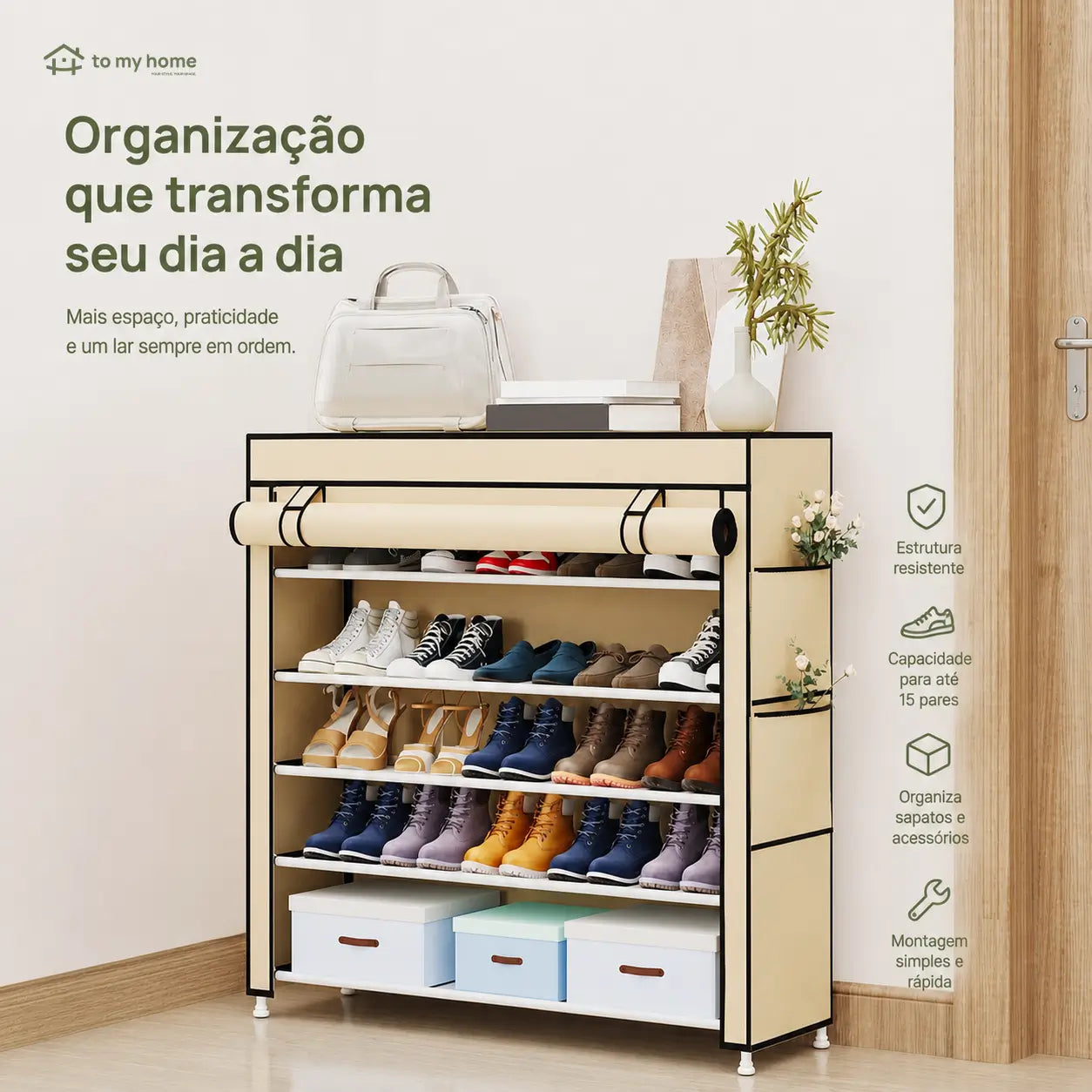Sapateira vertical de 10 níveis com capa antipoeira e estrutura ajustável para organizar até 27 pares em espaços pequenos da casa