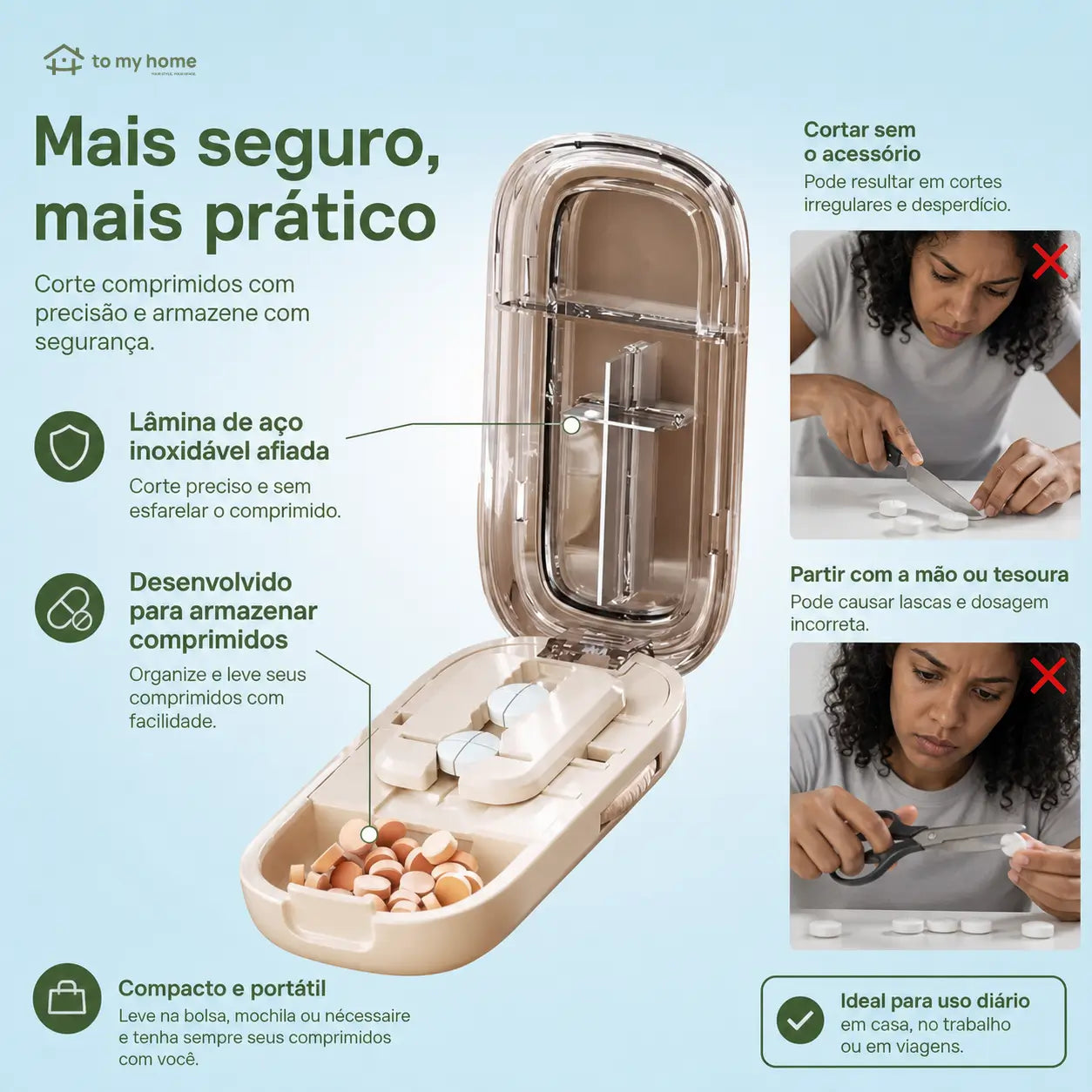 Cortador de pílulas compacto com compartimento interno e ajuste de tamanho para idosos, cuidadores e medicação de pets no uso diário prático