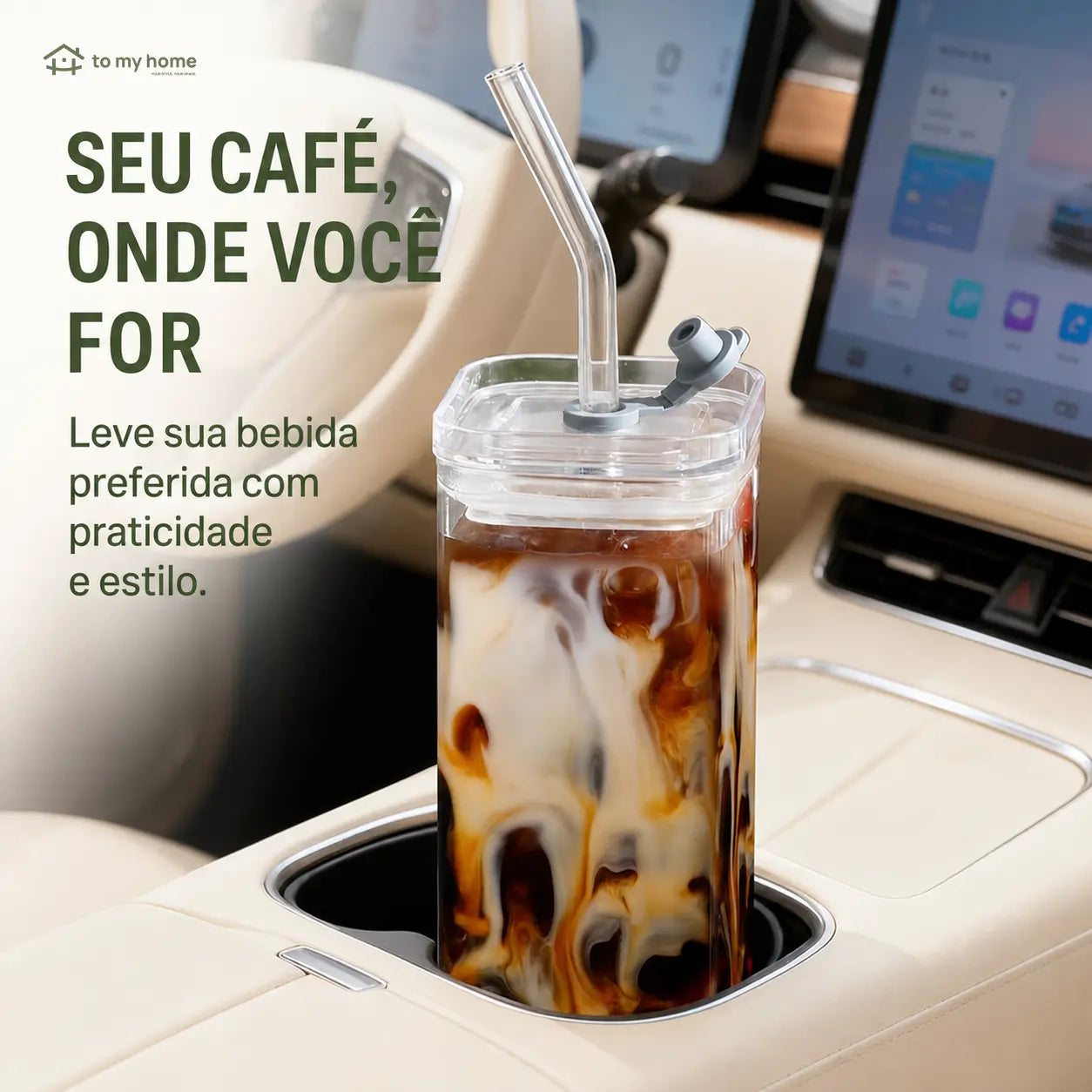 Conjunto com 4 copos de vidro 380 ml com tampa e canudo, design quadrado para café, sucos e drinks em casa ou no escritório