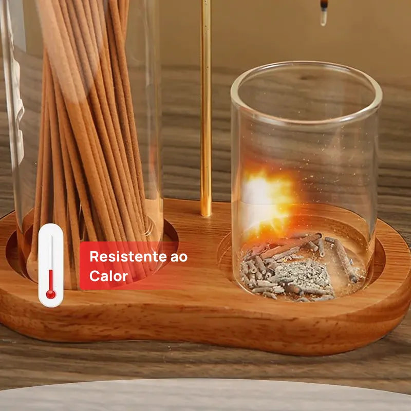 Porta incenso e vela 2 em 1 com base madeira, coletor cinzas vidro, difusor aromático decorativo elegante funcional para casa moderna aconchegante