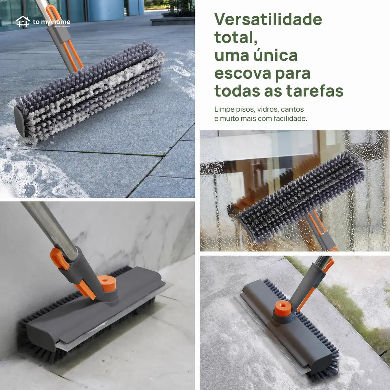 Escova esfregão 3 em 1 com cabo ajustável, rotação 360° e rodo para limpeza pesada de pisos, azulejos e banheiro