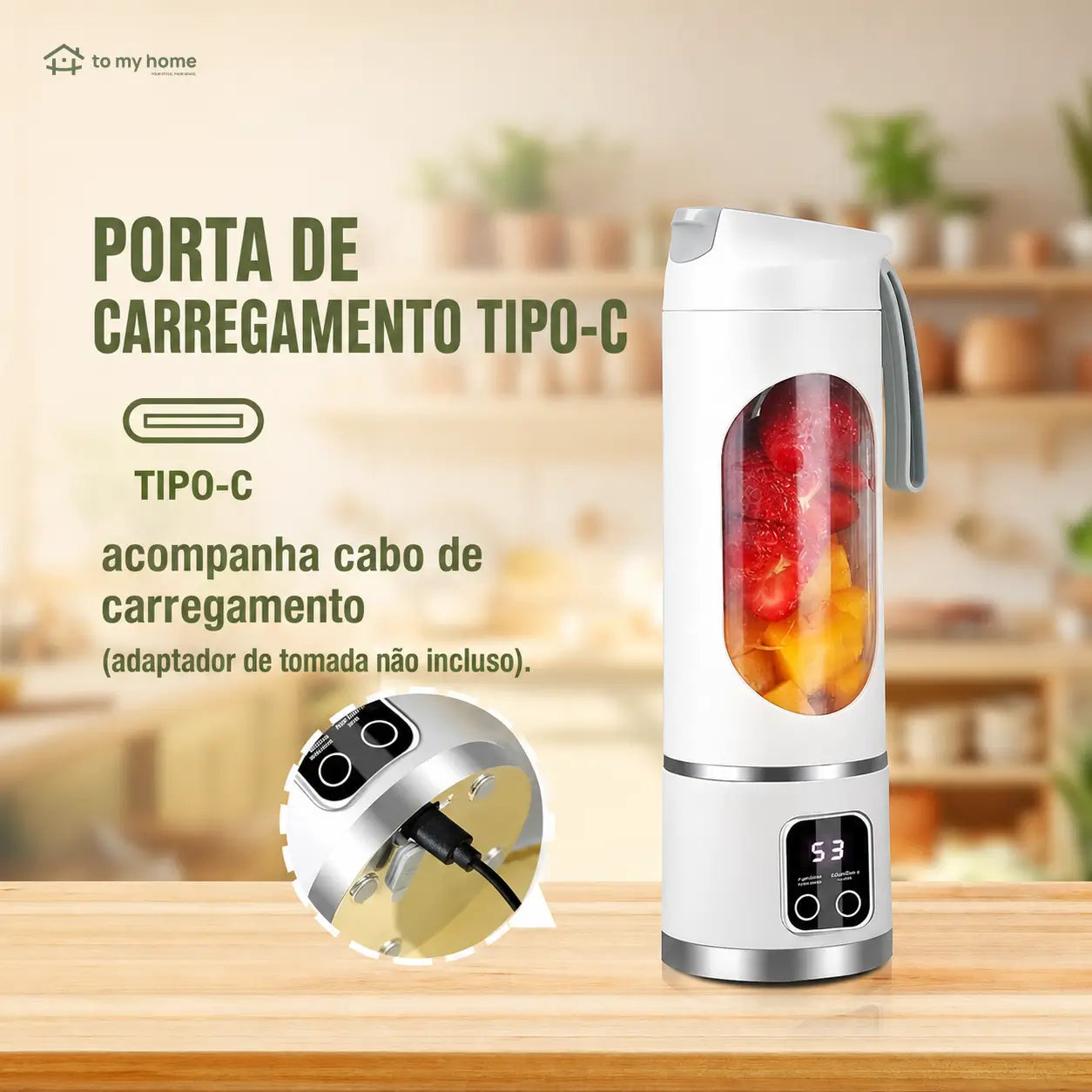 Liquidificador individual com display digital LED e espremedor de limão integrado para frutas, gelo, castanhas e vegetais onde quiser com praticidade