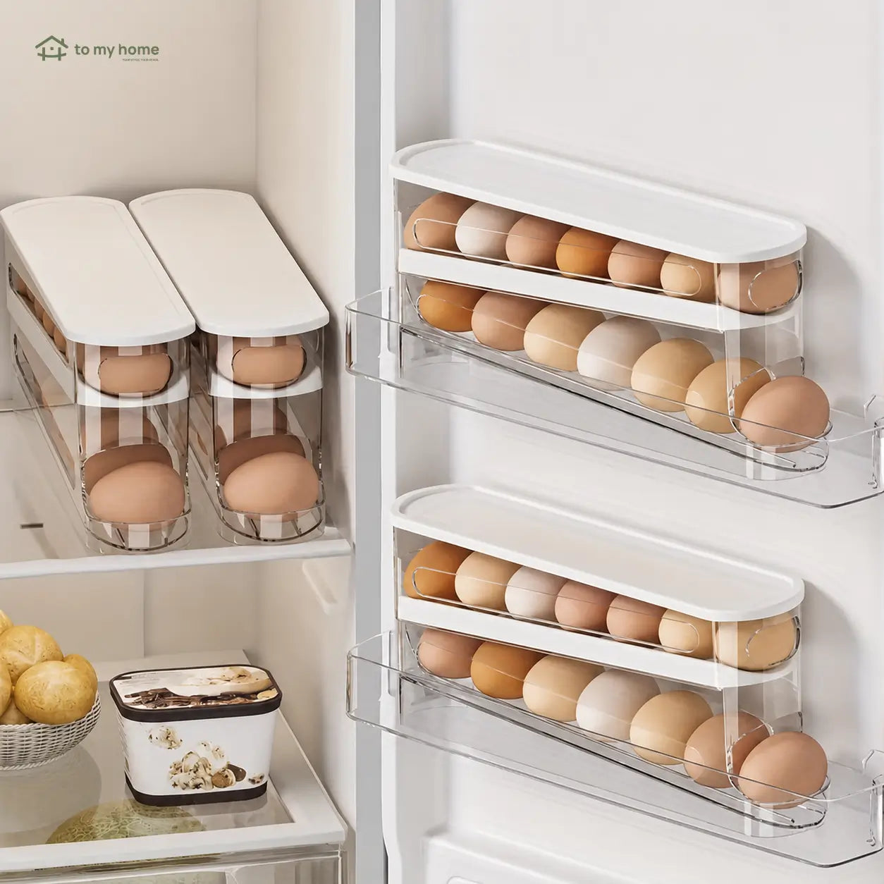 Organizador de ovos transparente em plástico resistente, empilhável e compacto para geladeira, cozinha e armazenamento diário com design de rolagem prática