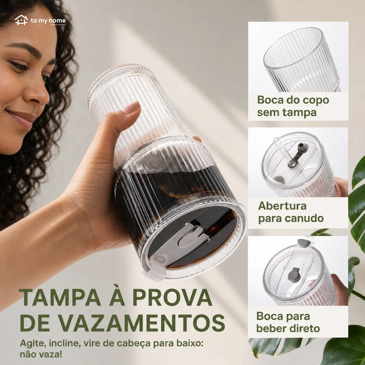 Copo tumbler de vidro canelado com tampa e canudo reutilizável, 562 ml, para café gelado, sucos e smoothies sem vazamentos