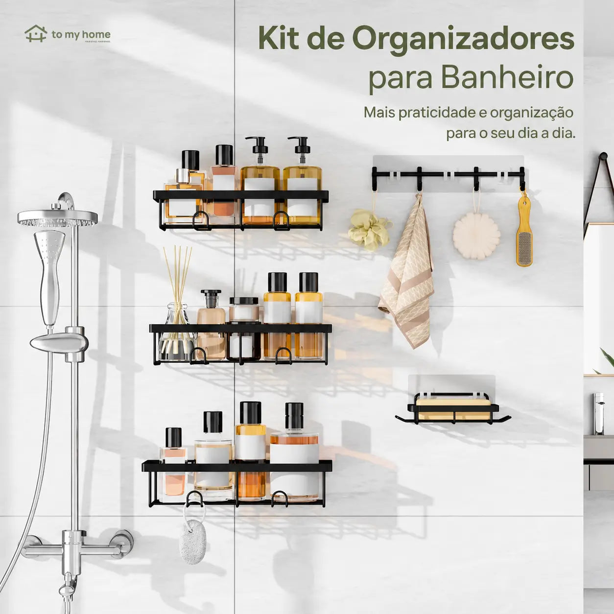 Kit organizador de box preto 5 peças sem furar, com prateleiras antiferrugem e ganchos removíveis para banheiro, cozinha e área de serviço