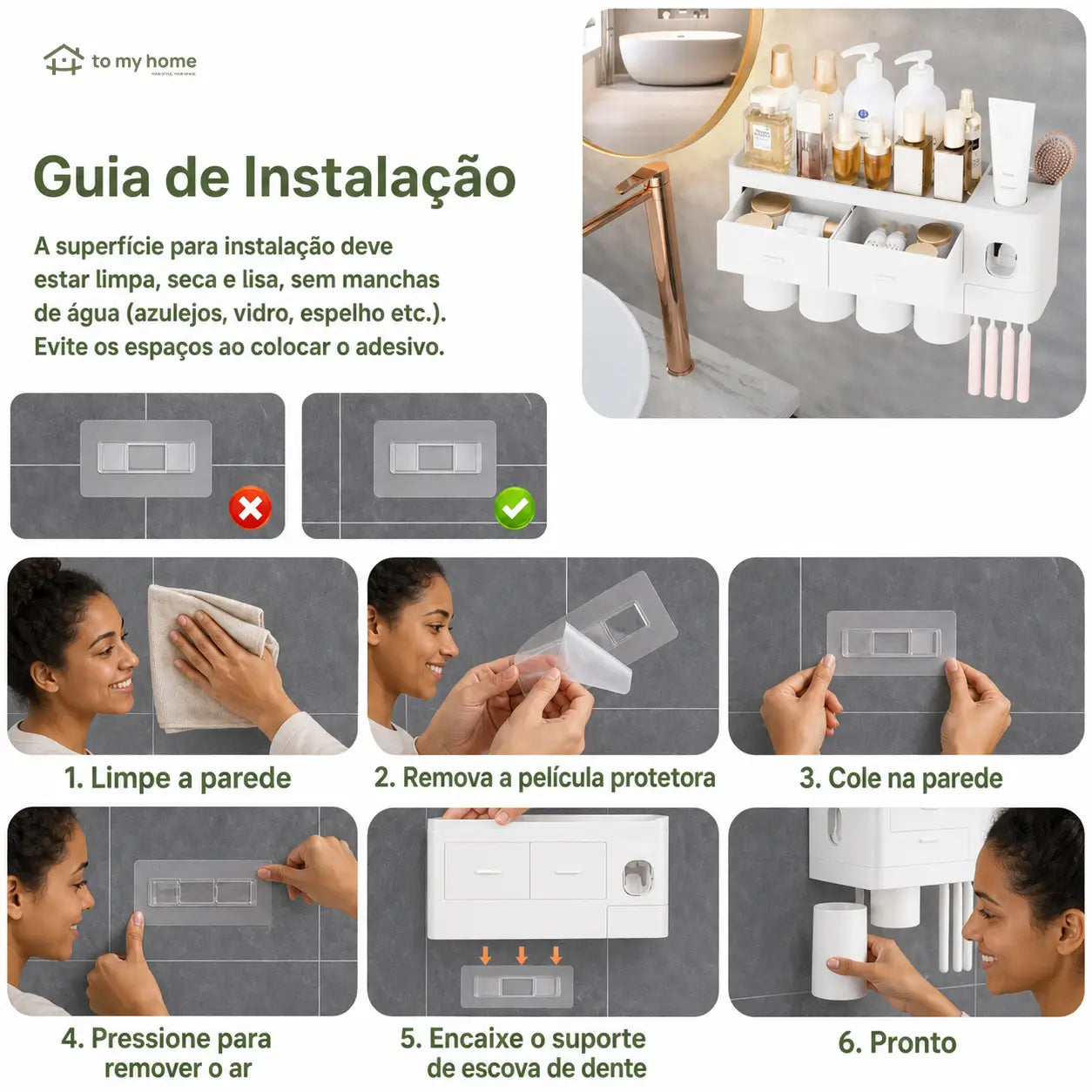 Organizador de escovas de parede com dispenser duplo de pasta, copos magnéticos e bandeja multiuso para banheiro familiar mais organizado prático