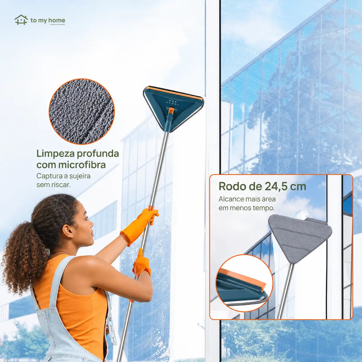 Mop triangular com cabo longo ajustável e rodízio 360° para limpar paredes, ventiladores, vidros, pisos e cantos difíceis