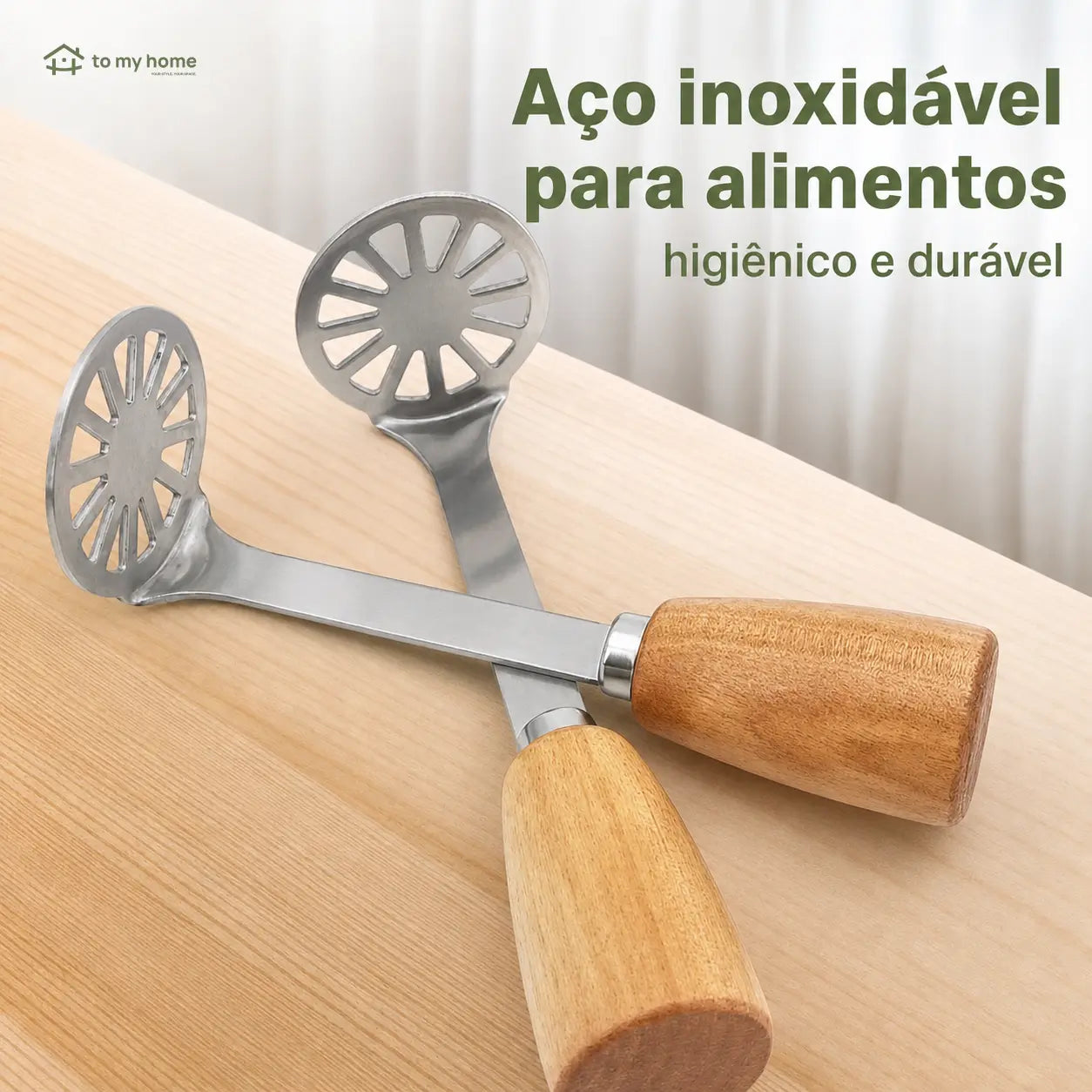 Kit com 2 amassadores mini de inox 430 com cabo de madeira para batata, abacate, feijão e purês caseiros na cozinha diária prática