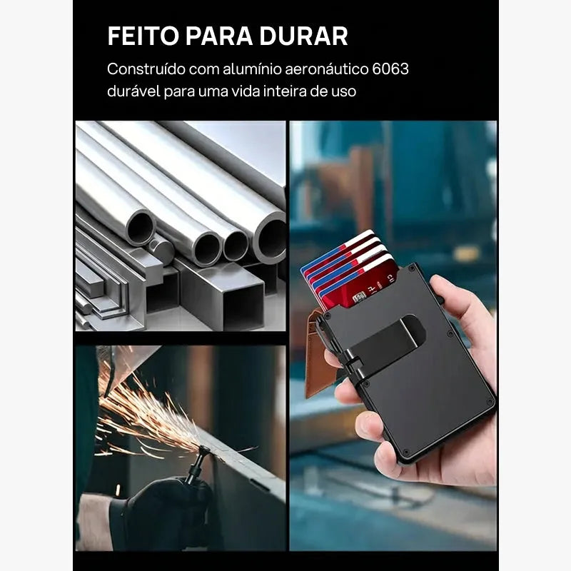 Carteira masculina slim minimalista em alumínio com bloqueio RFID, visor, clip para notas, sistema pop-up, design compacto, segura, elegante e prática