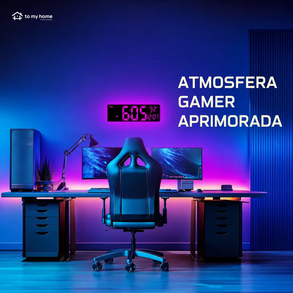 Relógio digital de parede grande com luz RGB, Bluetooth e alarmes duplos para sala, escritório, cozinha e setup gamer