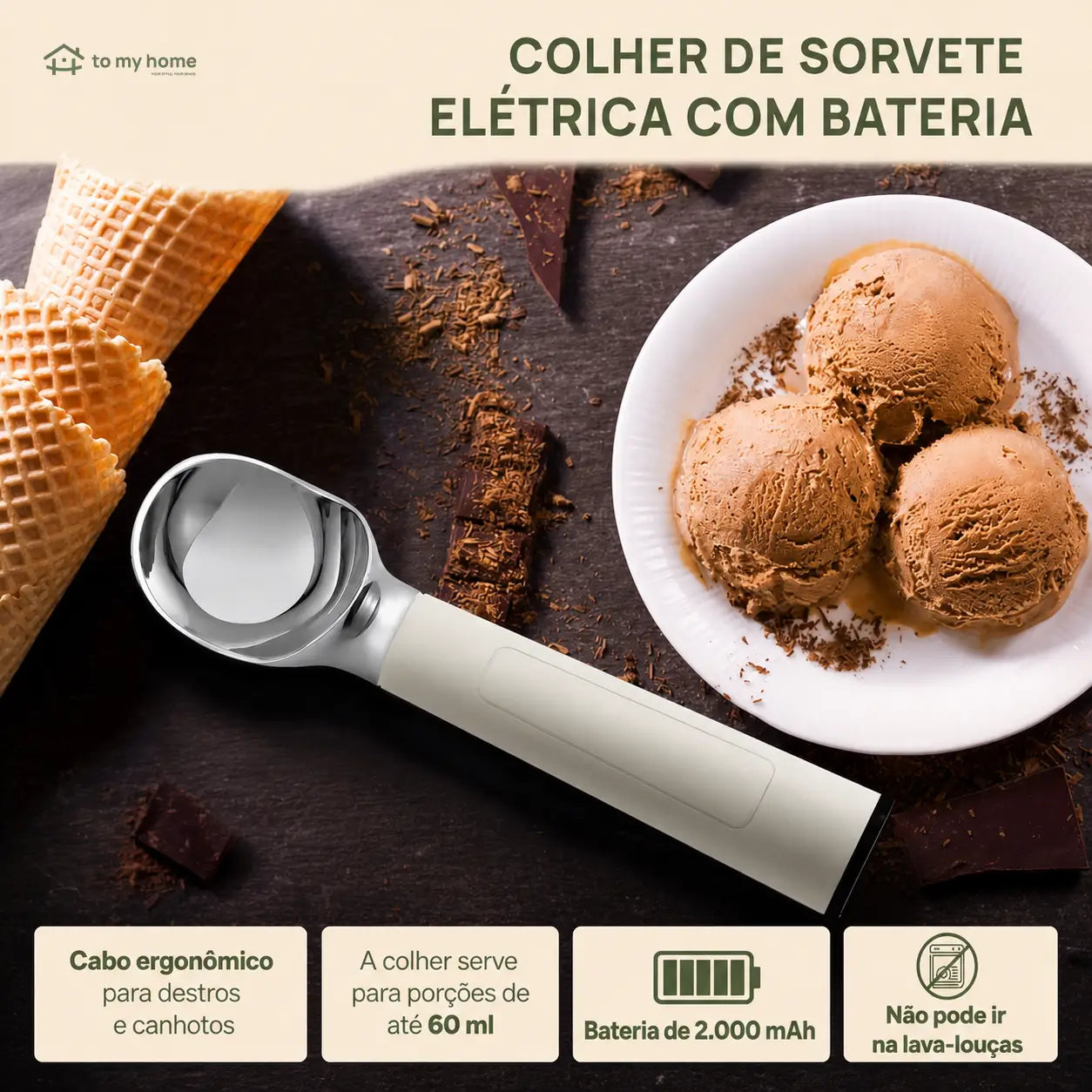 Colher de sorvete elétrica aquecida recarregável com display LED para servir massas congeladas com menos esforço em casa no dia a dia