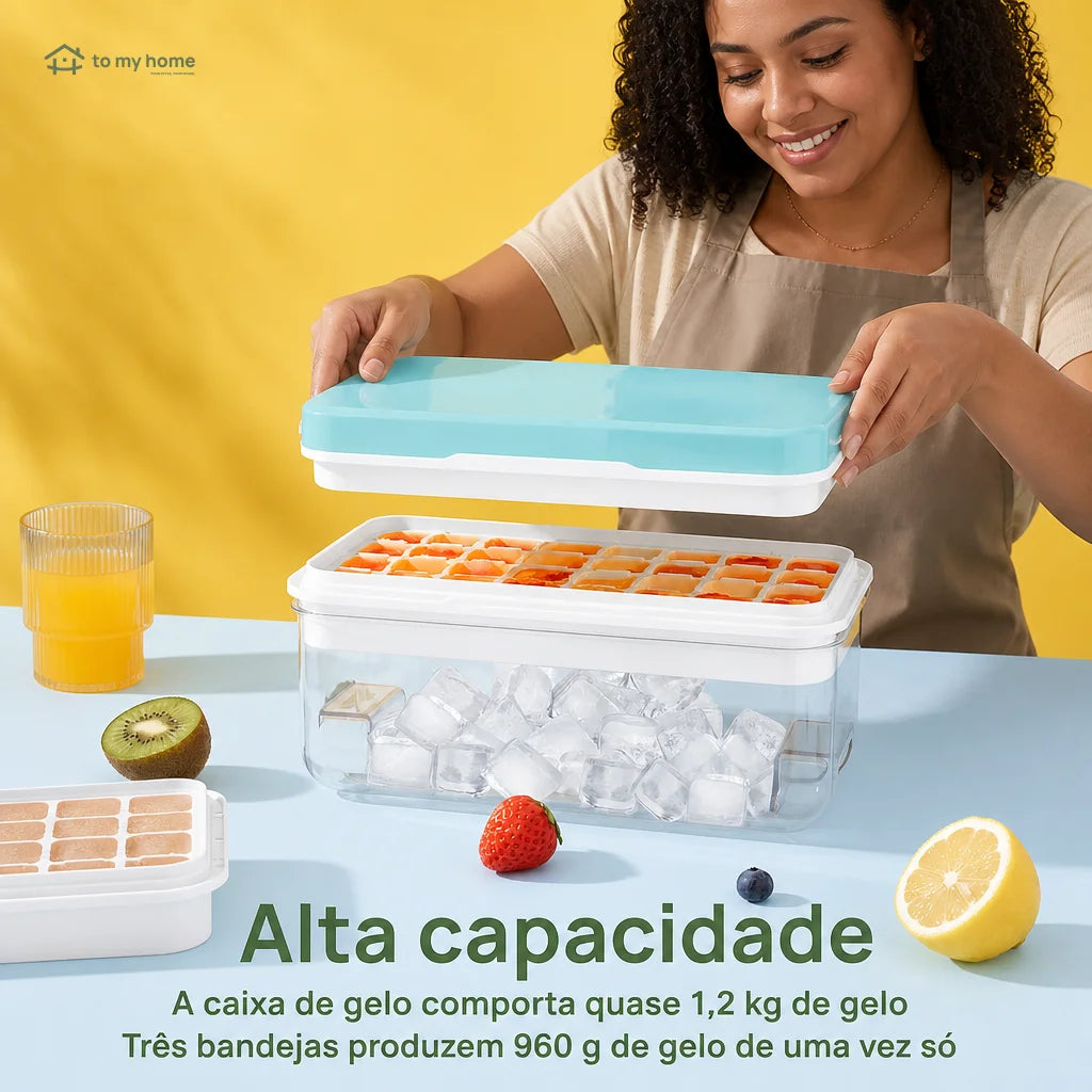 Forma de gelo empilhável com tampa, reservatório e pá para o freezer
