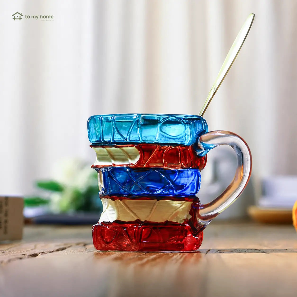 Caneca de cerâmica em formato de livros empilhados com arte 3D colorida para café, leitura e presente criativo para amantes de literatura