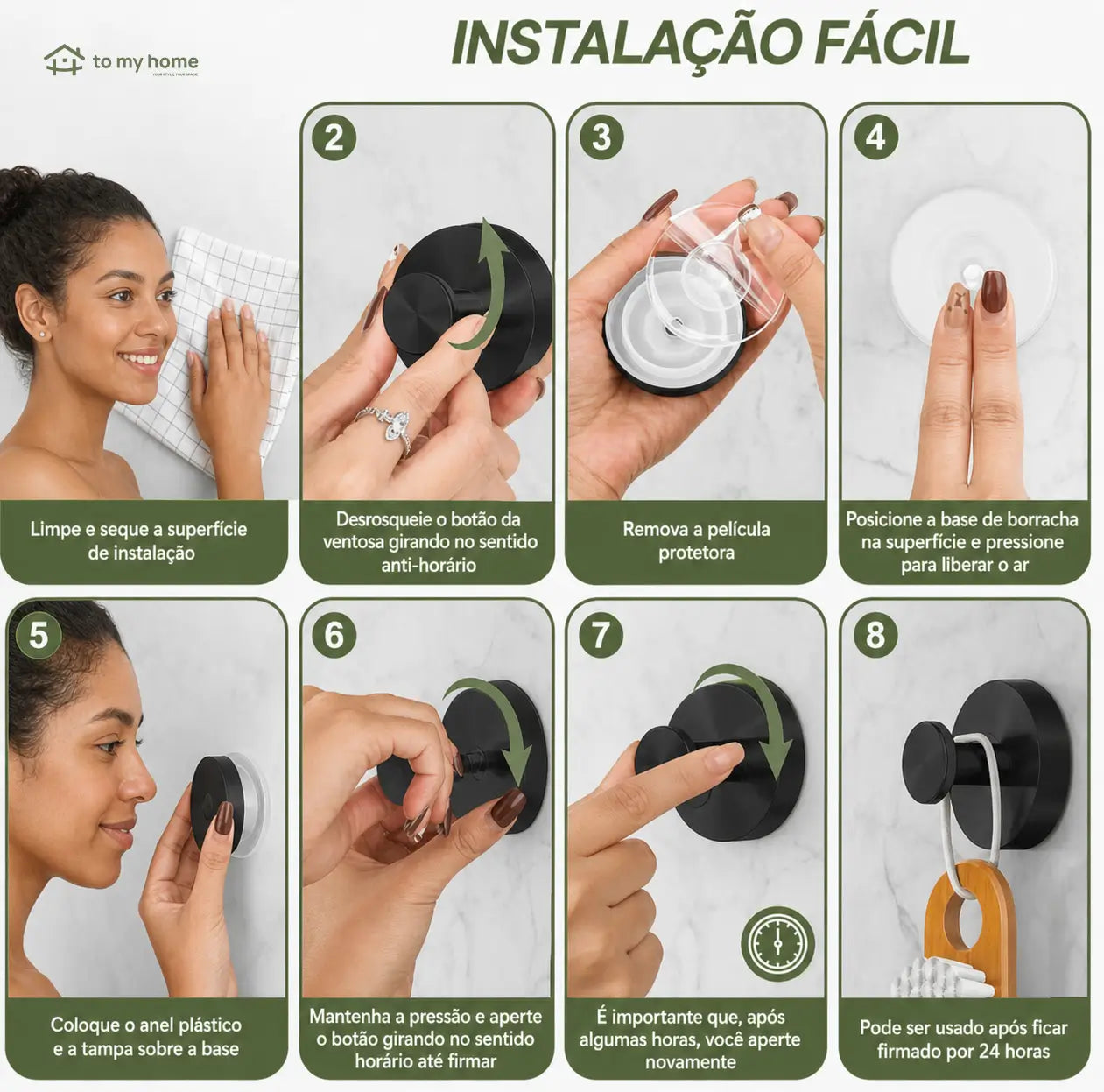 Kit com 2 ganchos de ventosa sem furar, acabamento preto fosco para organizar toalhas e acessórios no banheiro e cozinha com praticidade
