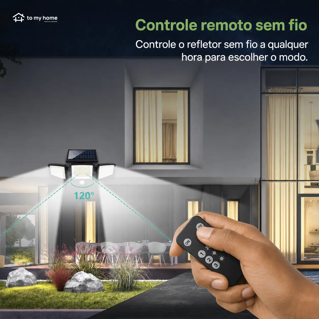 Refletor solar externo 2500LM com 3 cabeças, sensor de movimento e controle remoto para iluminação de segurança no quintal e garagem
