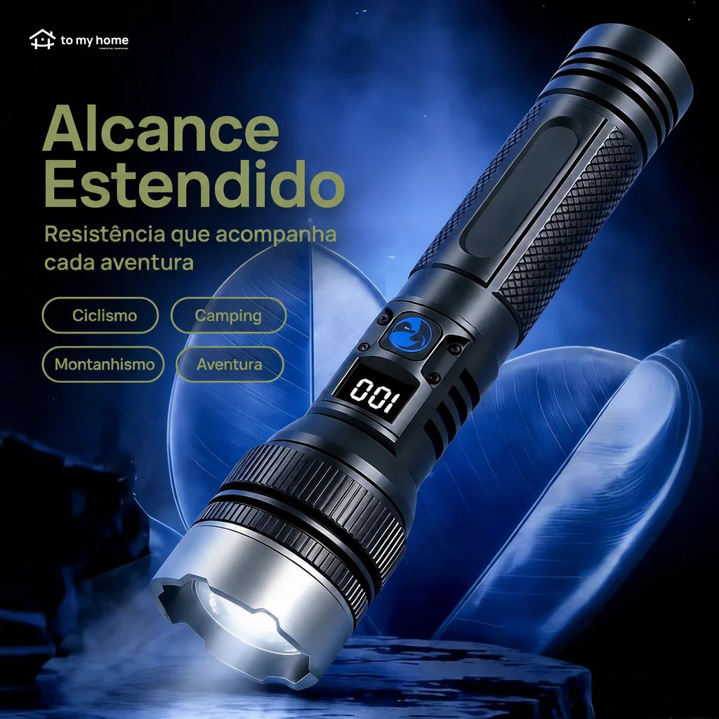 Lanterna LED recarregável 2200 lúmens com power bank, zoom ajustável, visor digital e resistência à água para camping, apagões e emergências