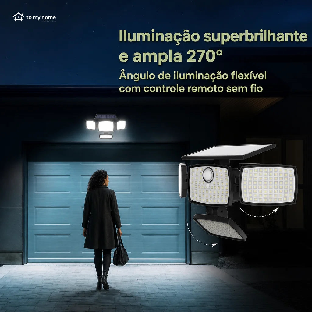 Luminária solar de parede 4500LM com sensor de movimento, controle remoto e 4 cabeças para quintal, jardim e áreas externas seguras