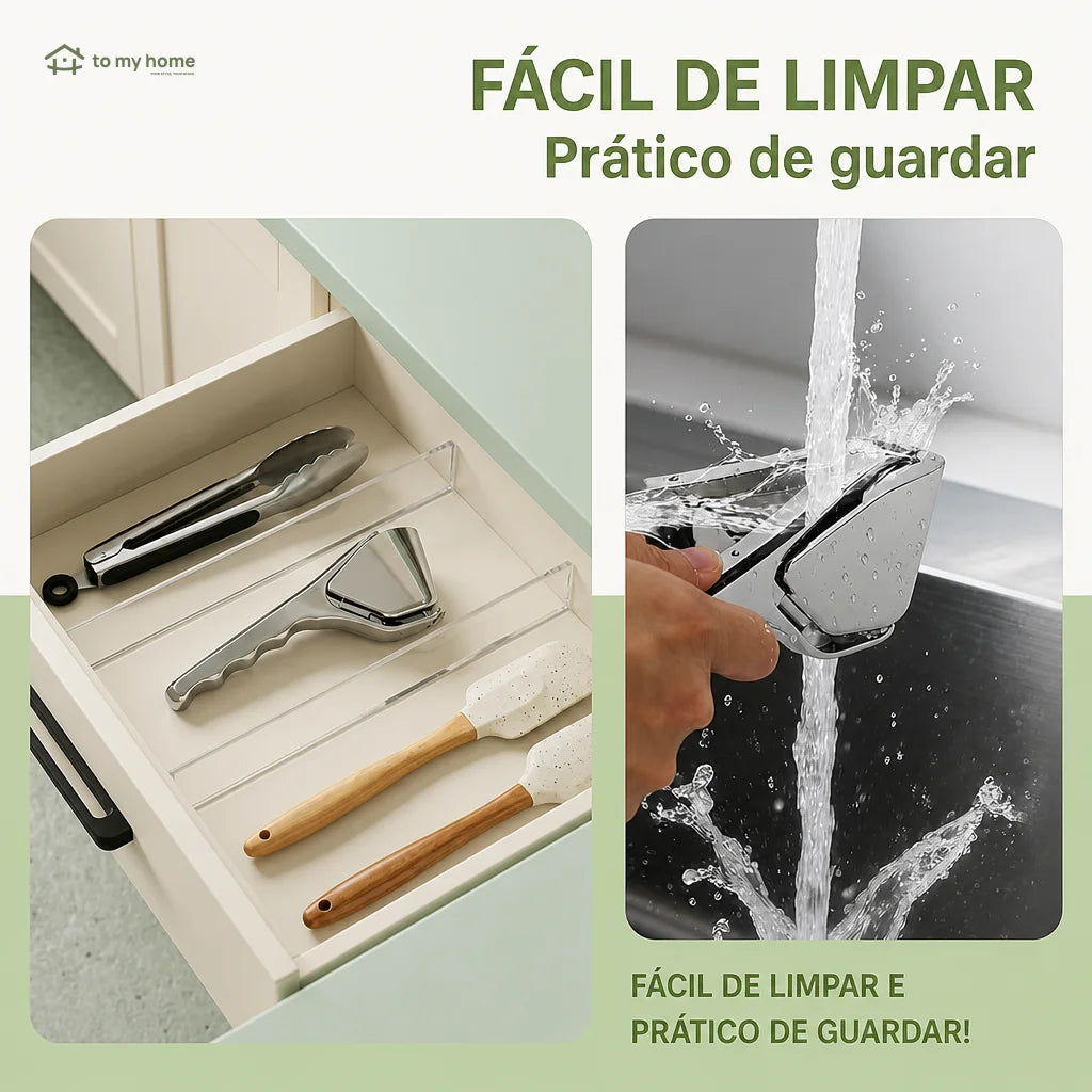 Espremedor manual de limão em aço inox com bico direcionador e pegada ergonômica para sucos, drinks e temperos na cozinha diária