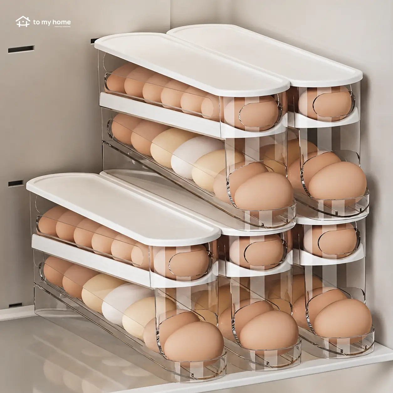 Organizador de ovos transparente em plástico resistente, empilhável e compacto para geladeira, cozinha e armazenamento diário com design de rolagem prática