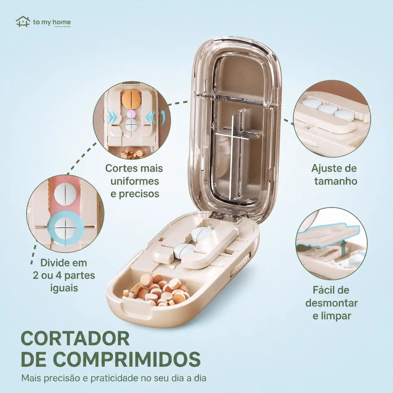 Cortador de pílulas compacto com compartimento interno e ajuste de tamanho para idosos, cuidadores e medicação de pets no uso diário prático