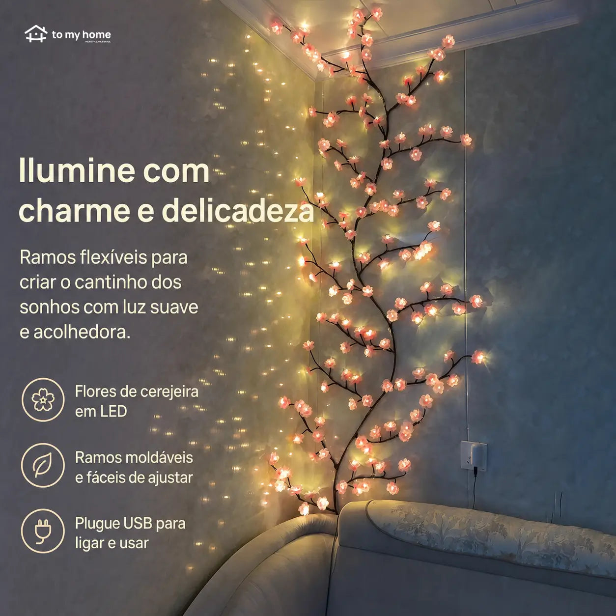 Luz decorativa de galhos com 144 LEDs USB, resistente ao tempo, para sala, quarto, varanda e festas em casa com instalação fácil