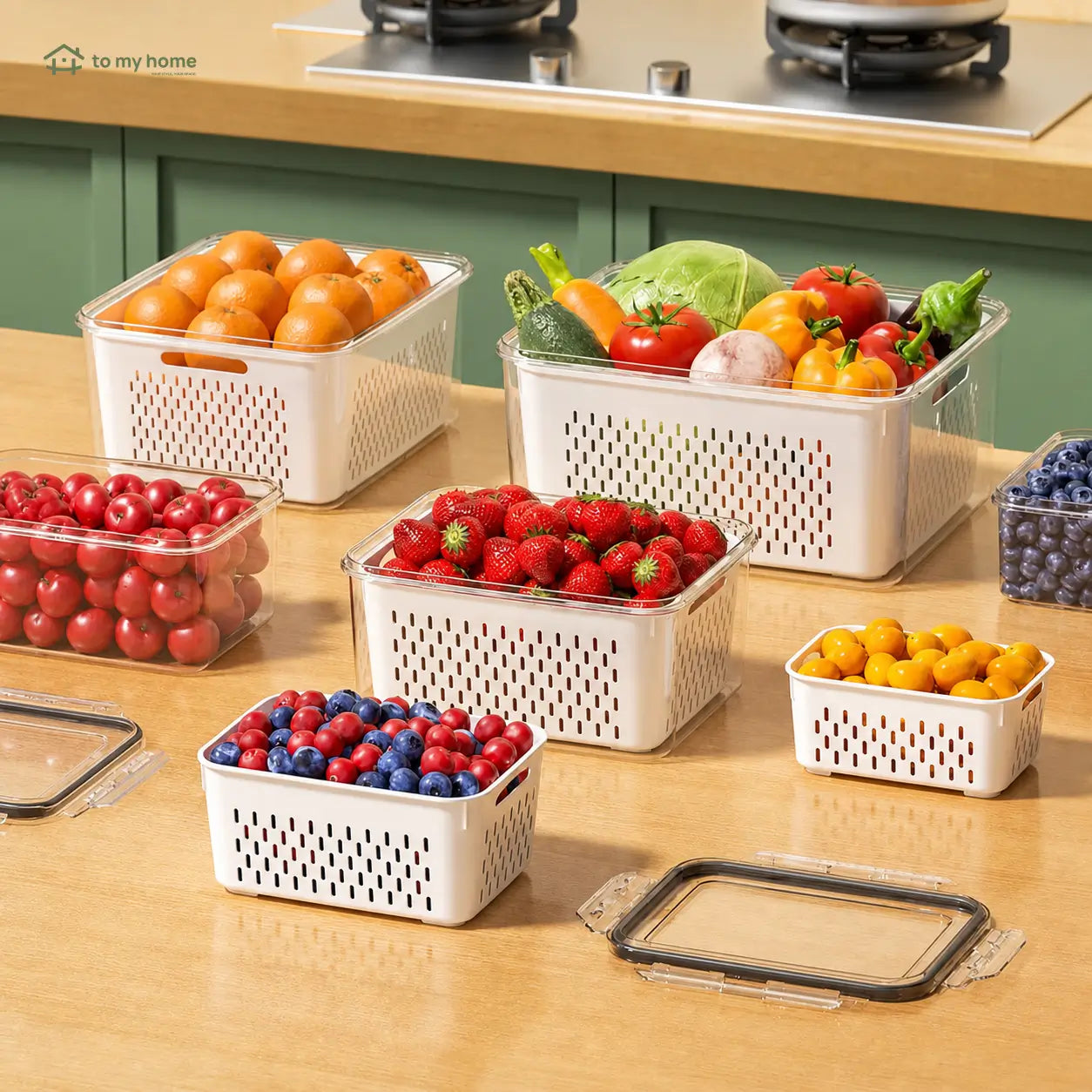 Kit com 5 potes organizadores de geladeira empilháveis, herméticos e livres de BPA, com escorredor para frutas, verduras, saladas e carnes