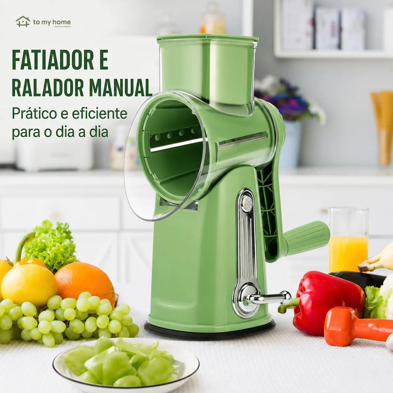 Ralador de queijo rotativo com 5 lâminas inox e base de sucção para fatiar legumes, frutas e chocolate com segurança na cozinha