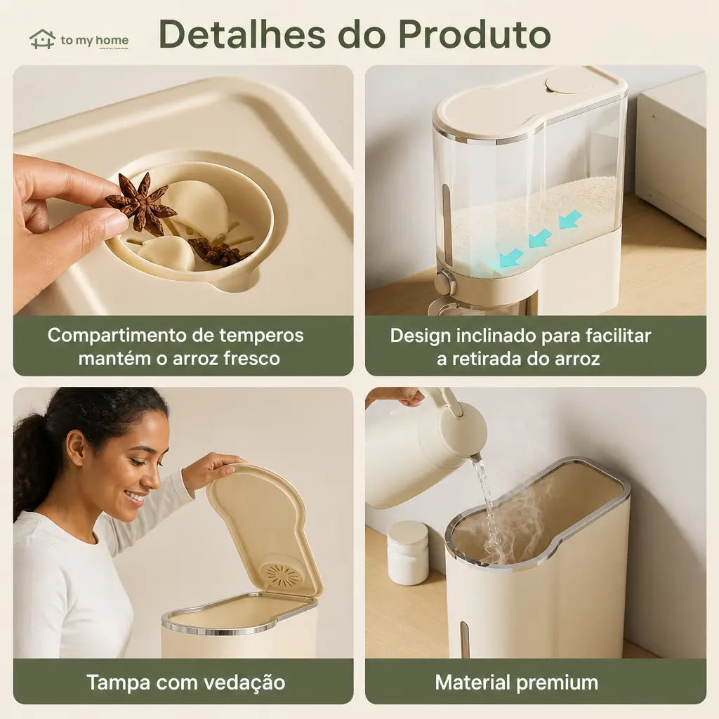 Dispenser hermético para arroz 10 kg com copo medidor, proteção contra insetos para grãos, cereais e ração na cozinha e despensa