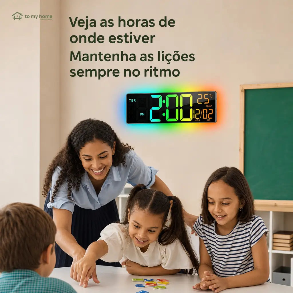 Relógio digital de parede grande com luz RGB, Bluetooth e alarmes duplos para sala, escritório, cozinha e setup gamer